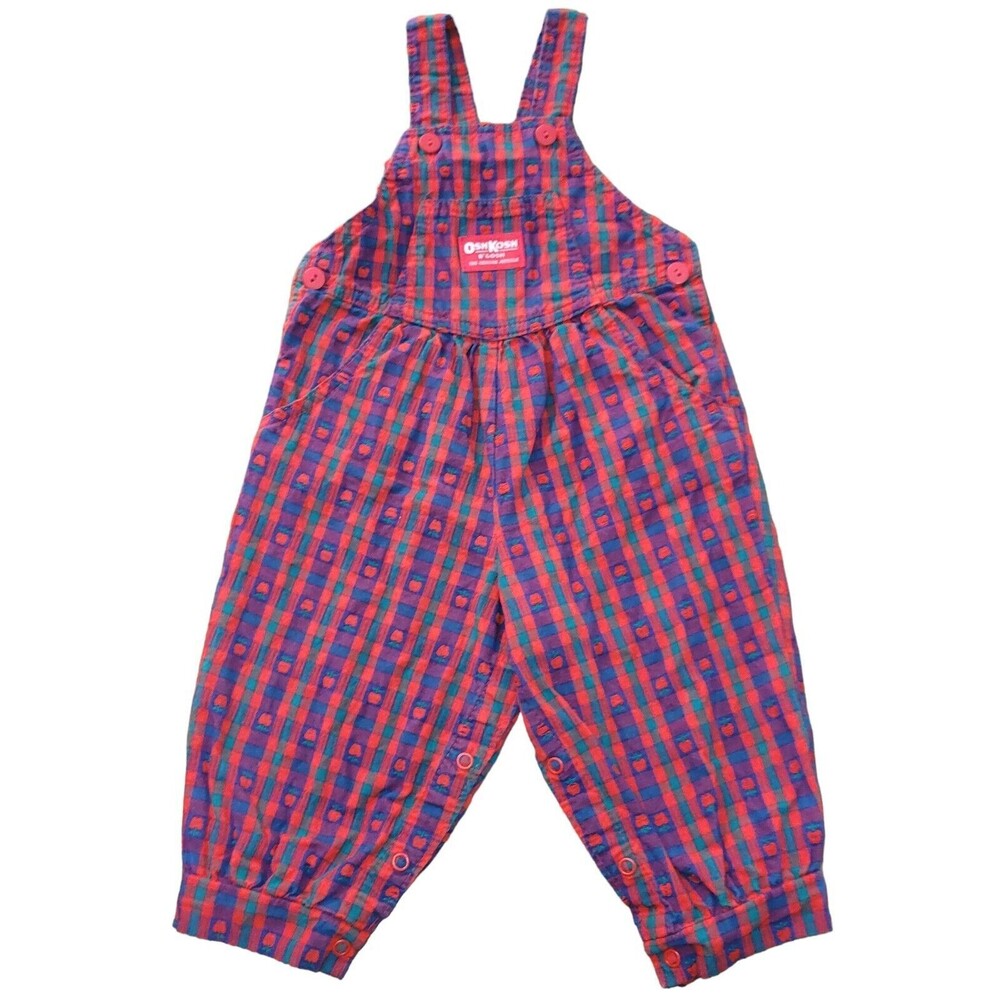 Vintage Baby Osh Kosh B'Gosh Vestbak Red Blue Green Plaid Apple Overalls 18m